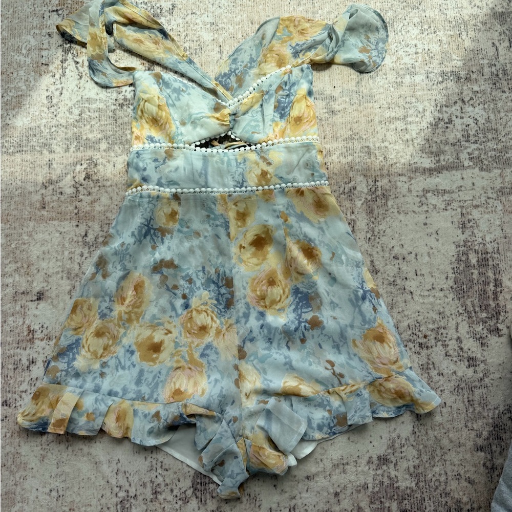Floral Blue Yellow Romper with Ruffle Hem